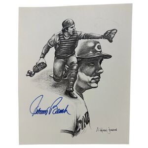 Johnny Bench autographed Pencil Sketch Illustration artist S Johnson HOF Catcher